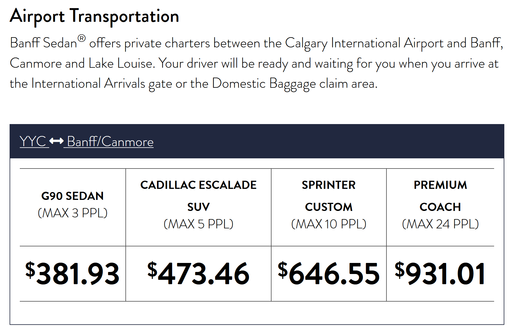 Airport Trans Sedan Rates